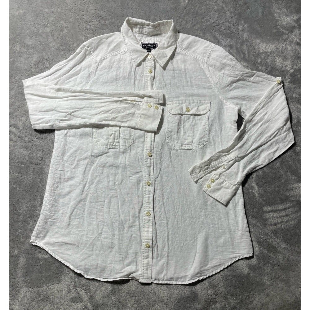 Express Boyfriend Portofino Shirt Women’s M White Linen Cotton Blend Button Down